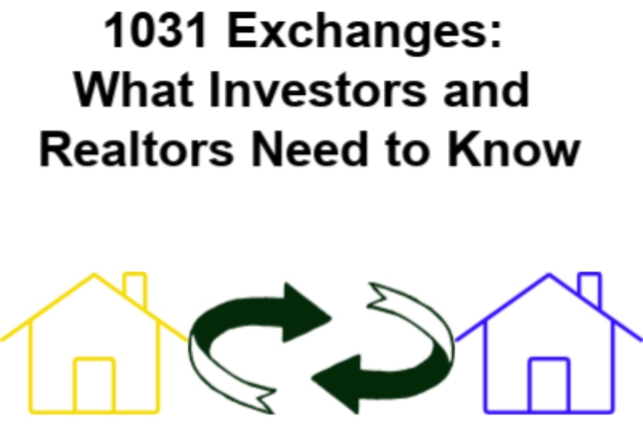 Basic drawings of a red and green house with two arrows circulating between the two showings exchanges between the houses with 1031 Exchanges What Investors and Realtors Need To Know typed above