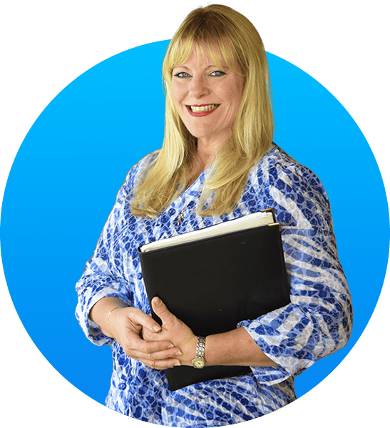 Denise Calderon, Accountant in Minneola, Florida smiles as she holds a notebook in her left arm as she poses with blue background