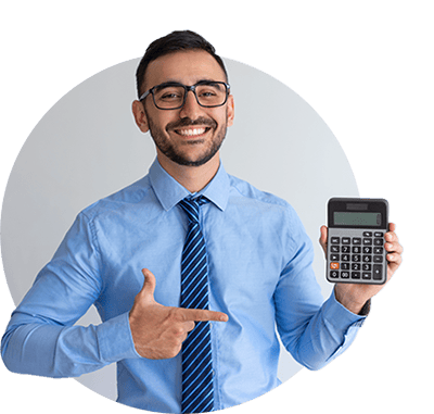 Young accountant smiling in a long sleeve button down shirt and tie as he points to a calculator that he is holding in the other hand
